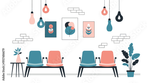 Modern and minimalist waiting room interior featuring colorful chairs, potted plants, and abstract art pieces on the wall.