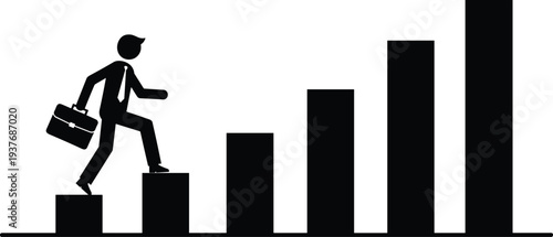 Business man carrying briefcase climbing up bar graph growth chart silhouette vector illustration for career success and financial development.