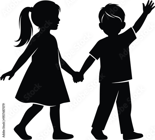 Silhouette of children holding hands, walking together, boy and girl friendship vector illustration, childhood memories, innocence and joy, black white art