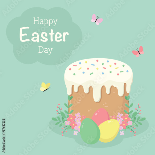 Easter cake and colourful eggs decorated with flowers and happy Easter Day sign. Easter holiday elements vector illustration.