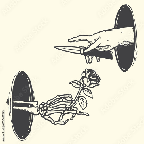 Striking vintage style vector illustration depicting a complex duality between a human hand offering a weapon and a skeletal hand holding a delicate blooming rose.