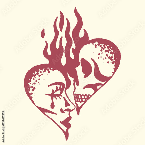 Bold vector illustration featuring a flaming heart design, intricately merging a profile of a crying human face with a laughing skull, signifying intense emotional contrasts and life's dual nature.
