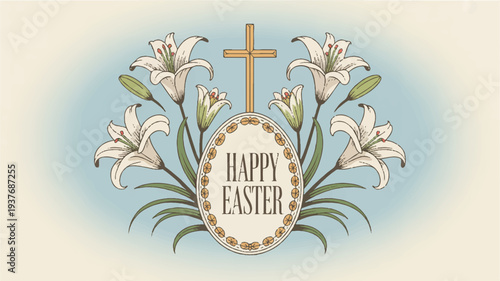 Easter celebration with white lilies and cross on pastel background symbolizing renewal and joy