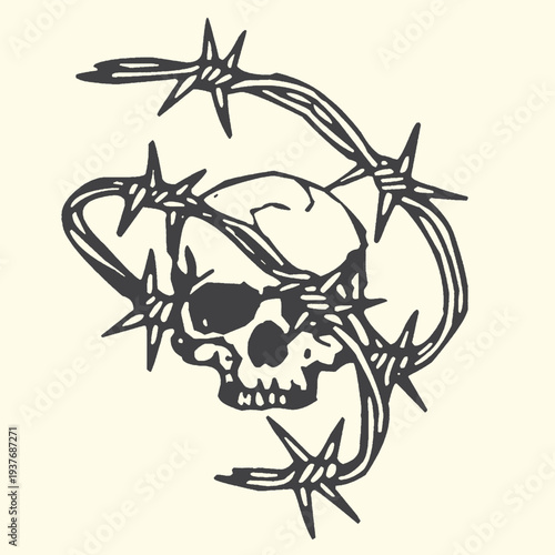 Striking vector illustration depicting a human skull intricately wrapped in sharp barbed wire, evoking powerful themes of danger, rebellion, and mortality in design.