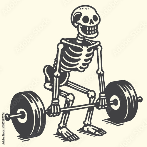 Vintage style black and white vector graphic illustration depicting a determined skeleton beginning a heavy barbell deadlift exercise