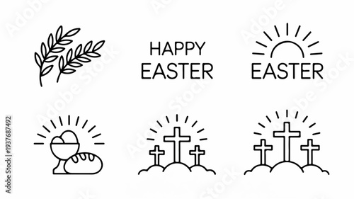 Easter icons set including crosses easter eggs and leaves on white background for holiday decoration