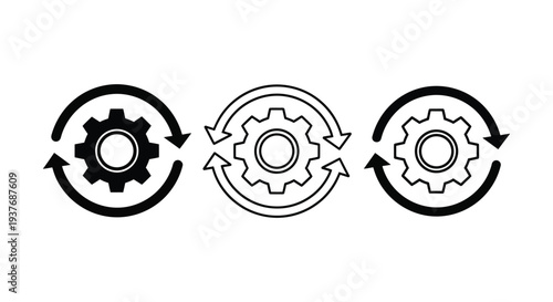 Clean vector illustration with three gear icons and circular arrows, perfect for symbolizing process or settings.