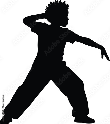 Silhouette of a young boy with afro hair performing hip hop dance moves in urban clothing isolated on white background