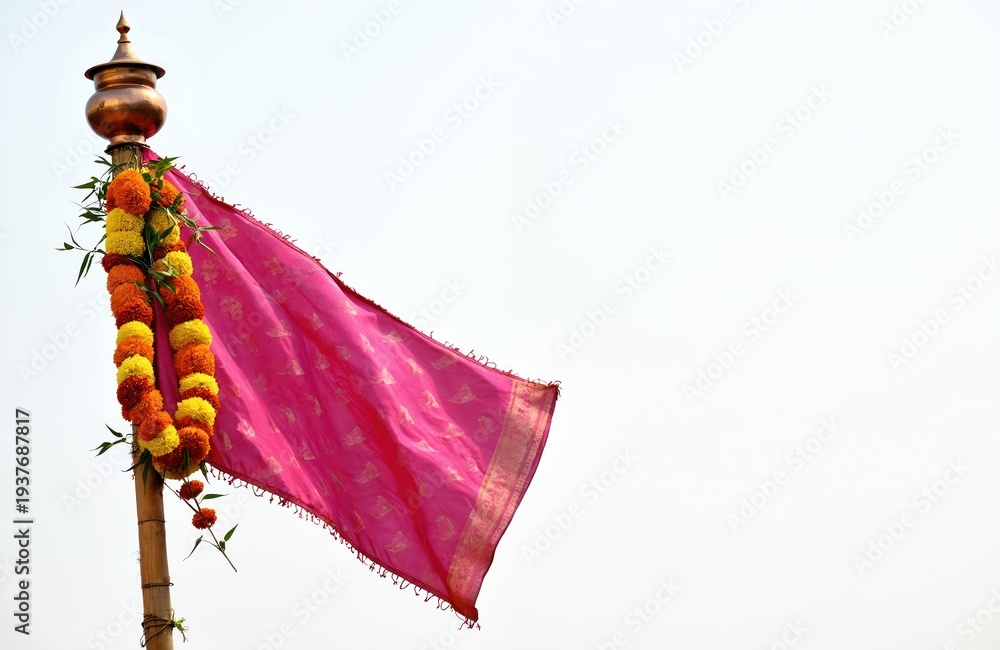 Fototapeta premium Gudhi Padva flag pole decorated with marigold flowers and green leaves. Pink fabric flag with golden pattern flutters on bamboo stick against white sky. Spring festival symbol.