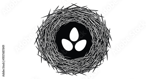 Monochromatic vector illustration of a bird's nest with three white eggs 