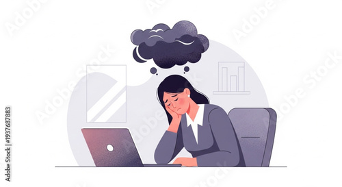 A woman leaning on her desk looking unhappy with a dark storm cloud above her head, symbolizing work-related depression or bad news.