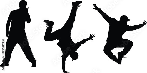 Silhouette of breakdance performers in dynamic poses featuring handstands and jumps for urban hip hop dance and street culture design