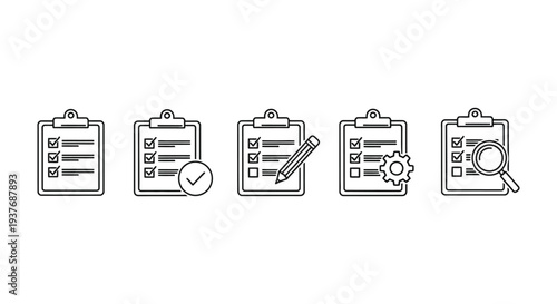 Clean and modern vector illustration displaying a range of clipboard checklist icons for organization and planning.
