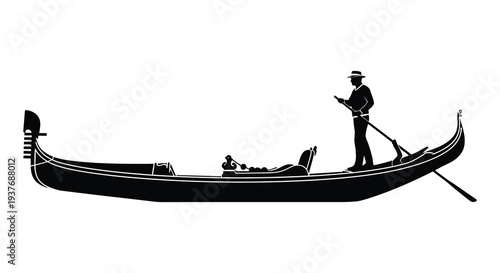 A striking black silhouette depicts a gondolier and his boat on calm waters silhouette high quality professional detailed