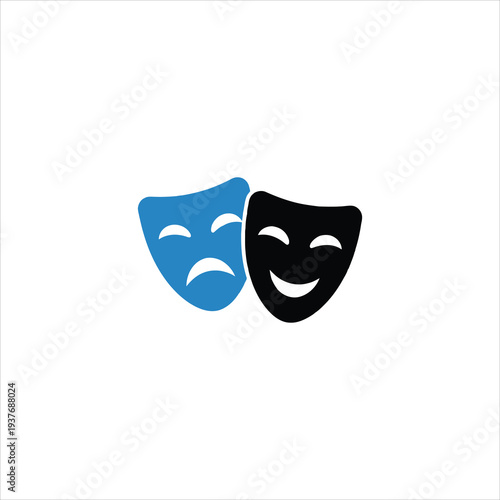 Theatrical masks, comedy and tragedy, drama symbols, blue and black