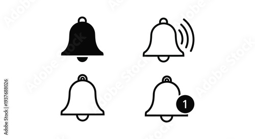 Collection of four simple vector graphic notification bell icons illustrating different alert states and designs