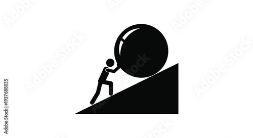 Black and white vector illustration depicting a stick figure tirelessly pushing a large heavy sphere up a steep incline