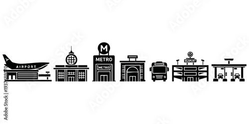Urban Transportation Hub Silhouette Set: Airport, Train Station, Metro, and Bus Terminal Icons
