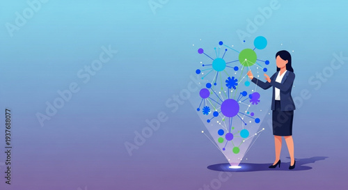 A professional woman touching a floating digital network of nodes and connections, representing big data and advanced analytics.