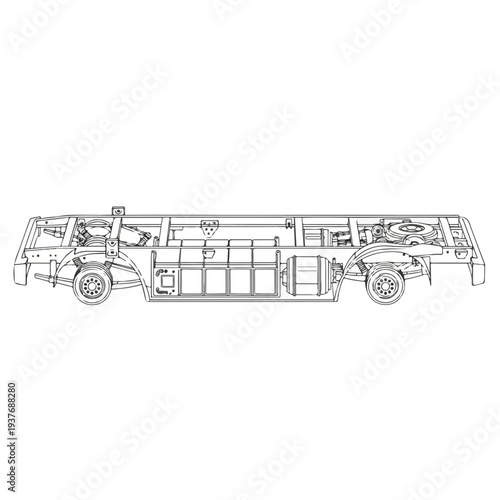 Detailed line drawing of a fire truck s side view with cutaway