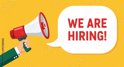 A vector graphic illustration of a hand holding a megaphone announcing "we are hiring!" on a yellow background.