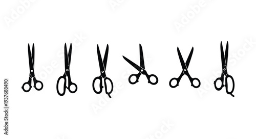 Various black vector scissors illustration set in different open and closed positions for design.