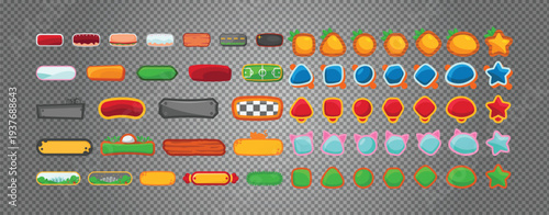 Set of game ui buttons and panels for user interface, various colorful vector assets for mobile games