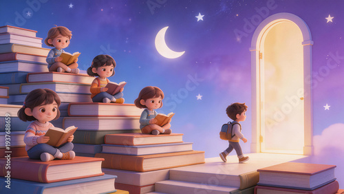 Children read books on stacked books stairs leading to a glowing magical door under starry night sky with moon. Illustrative scene of education, imagination, and learning journey.