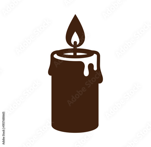 Brown candle with melting wax and flame on top isolated on white background