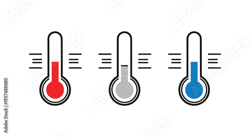 Vector illustration graphic set displaying three thermometers indicating hot, cold, and normal temperature levels