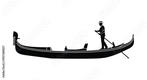 A striking black silhouette depicts a gondolier propelling his traditional venetian boat forward silhouette high quality professional detailed modern
