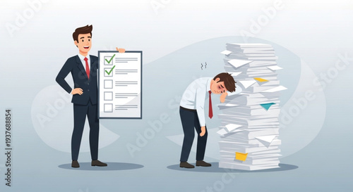 Comparison between a happy businessman holding a completed checklist and a tired clerk exhausted by a massive stack of documents.