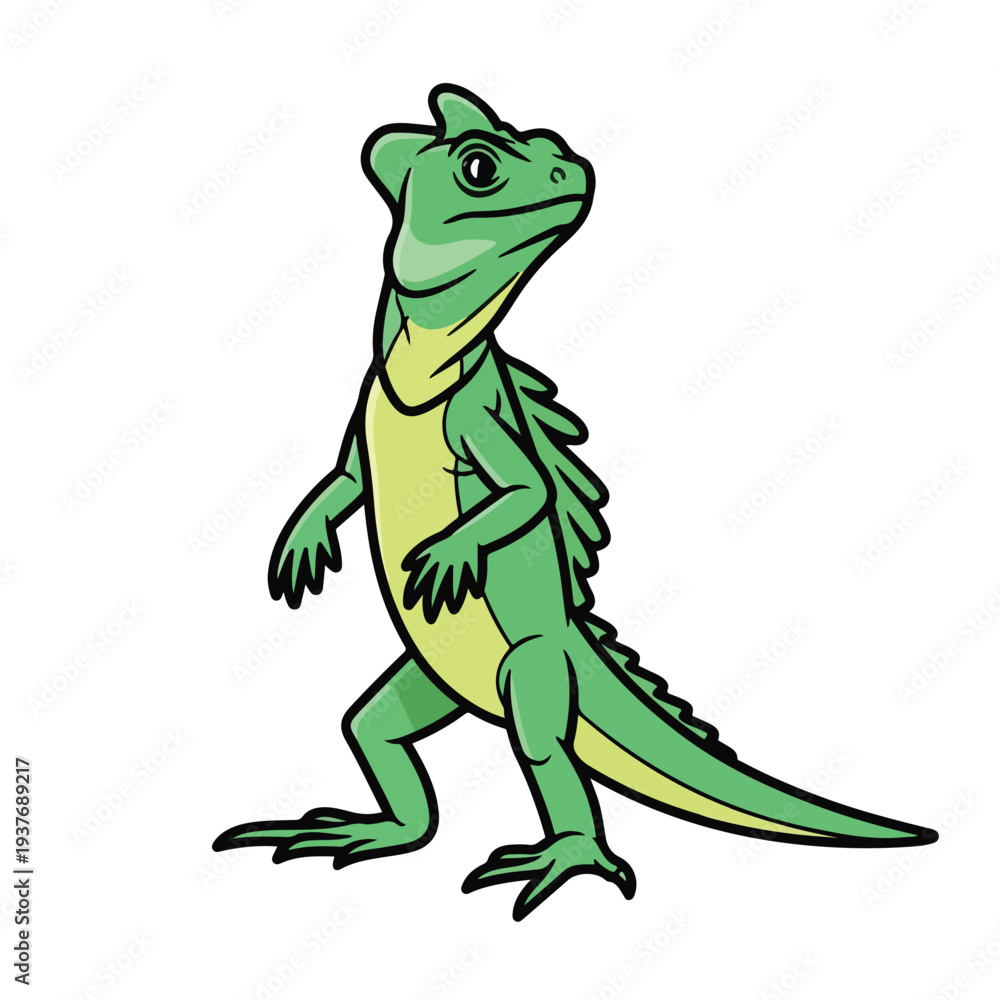 Fototapeta premium Green cartoon lizard standing on hind legs looking up