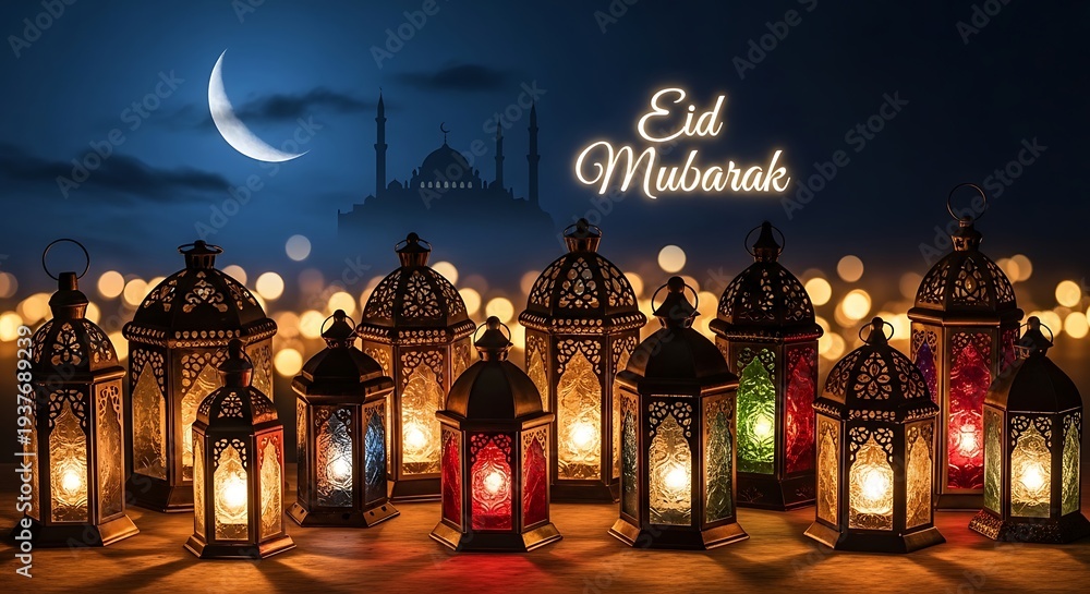 Obraz premium Eid Mubarak Celebration with Glowing Lanterns and Crescent Moon Ramadan Mubarak