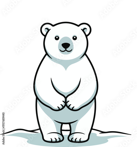 Charming cartoon polar bear stands cheerfully on a snowy ground surface