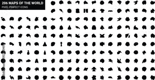 World map icon set with 206 country silhouettes, pixel perfect geographic outlines for education, cartography, design, travel, and global illustration