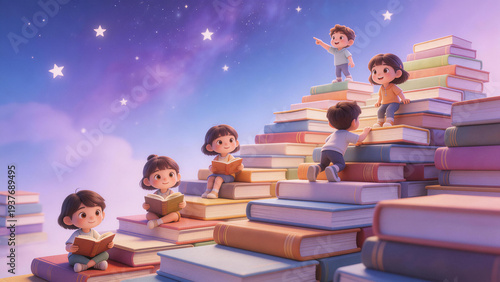 Children read and play on tall stacks of colorful books under a starry, dreamy night sky. The scene evokes education, imagination, and childhood wonder with a whimsical, cartoonish style.