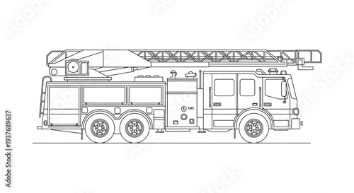 Detailed line drawing depicts a large fire truck with an extended ladder showcasing a stark silhouette high quality