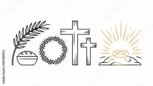 Easter symbols cross palm branch crown of thorns bread sunrise resurrection concept christian faith holy week religious icons symbols of faith easter celebration jesus christ