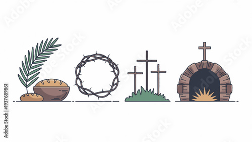 Easter symbols palm leaf bowl crown of thorns crosses and empty tomb with stone rolled away