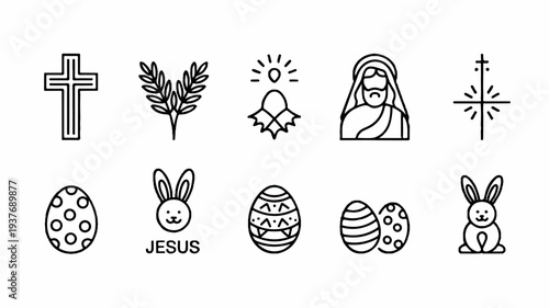 Easter and jesus christ icons set including cross bunny eggs and religious symbols in black and white