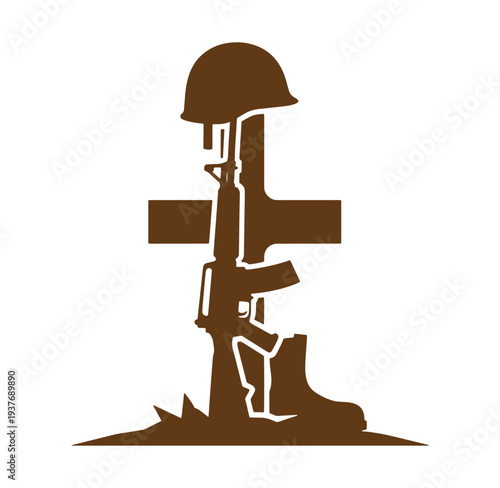 Brown silhouette of a soldiers memorial with helmet rifle and boots on a cross  symbolizing remembrance and sacrifice