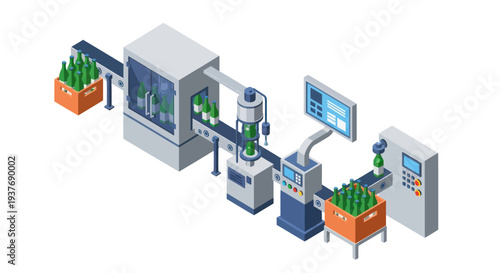 Automated Beverage Bottling and Packaging Line in a Modern Factory.