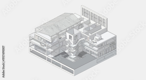 Architectural Isometric Drawing of a Modern Building with Interior Details.