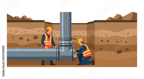 Trench pipe installation workers vector
