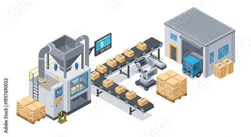 Automated Factory Production Line with Robotic Arm and Warehouse.