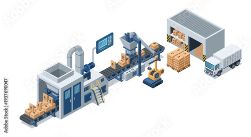 Automated factory production line with robotic arms and conveyor belts.