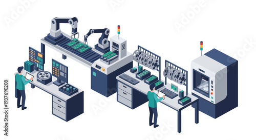 Automated Manufacturing Process with Robotic Arms and Human Operators.