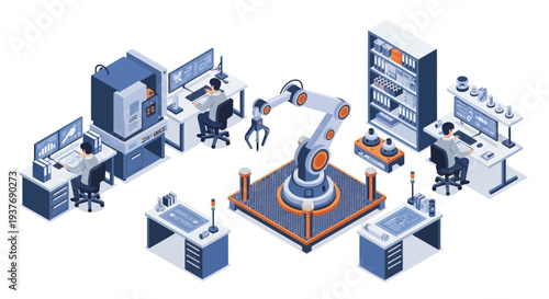 Automated Robotic Arm in a Modern Manufacturing Lab with Engineers and Control Panels.