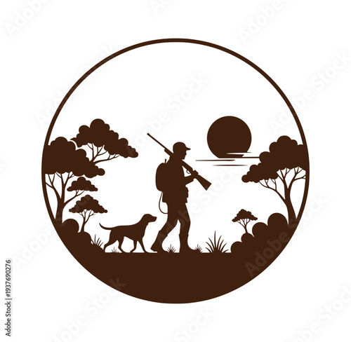 Hunter and dog walking in forest landscape with trees and sunset